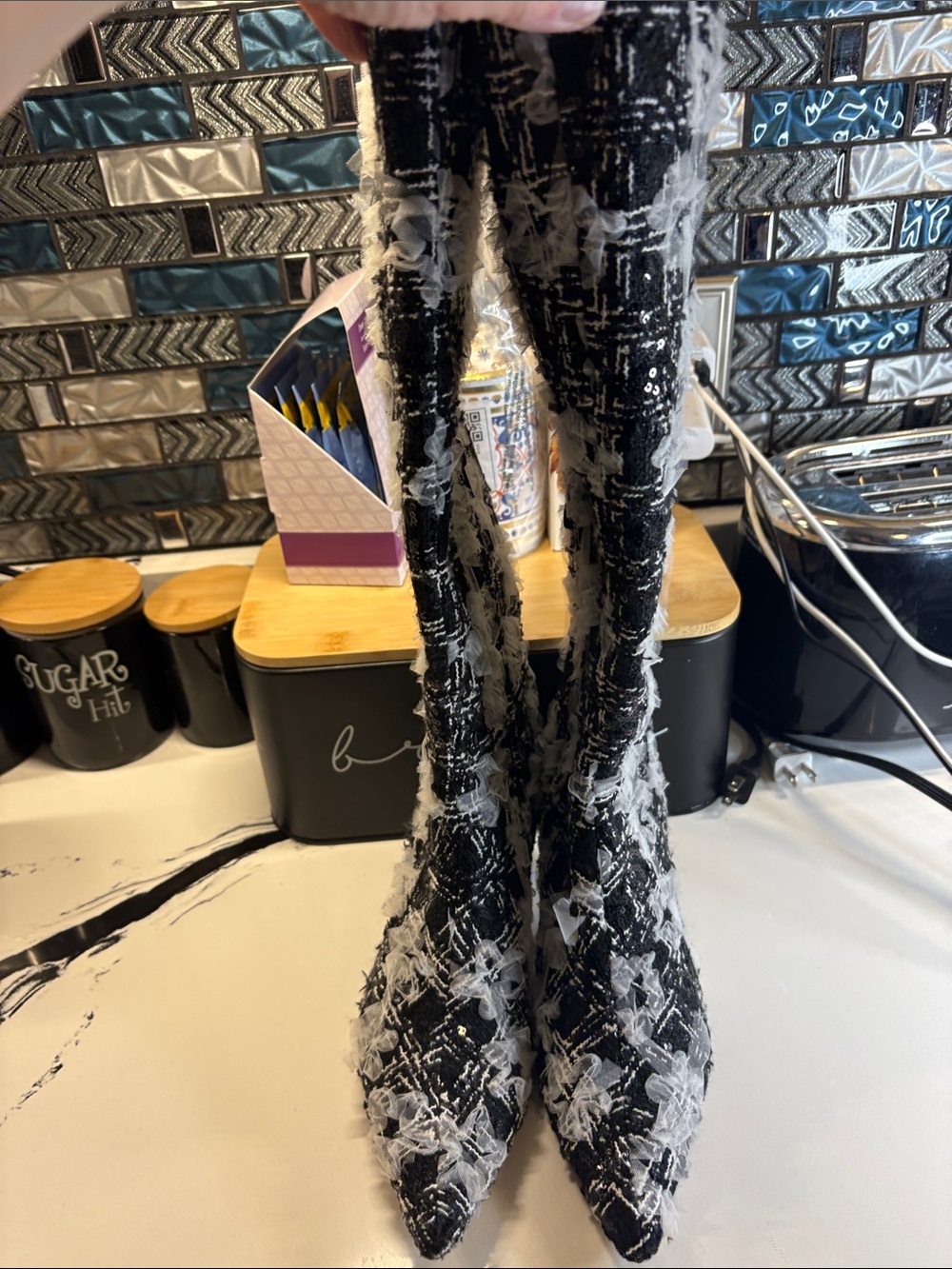 Betsey Johnson Black & White Frayed Tweed Over-the-Knee Boots